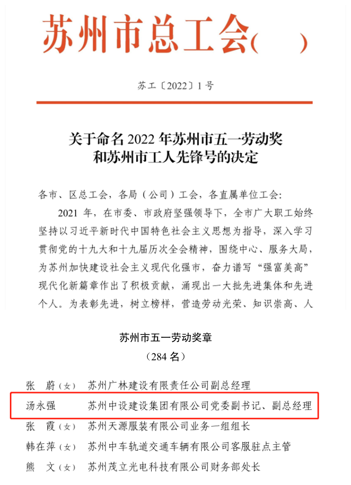 集团党委副书记、副总经理汤永强获得2022年苏州市“五一劳动奖章”